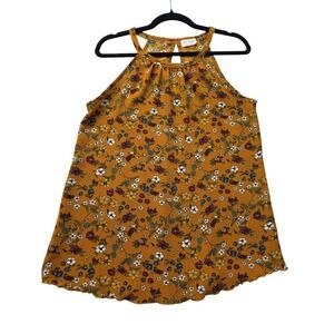 Free Kisses Mustard Yellow Floral Halter Top Sleeveless Keyhole‎ Blouse Large